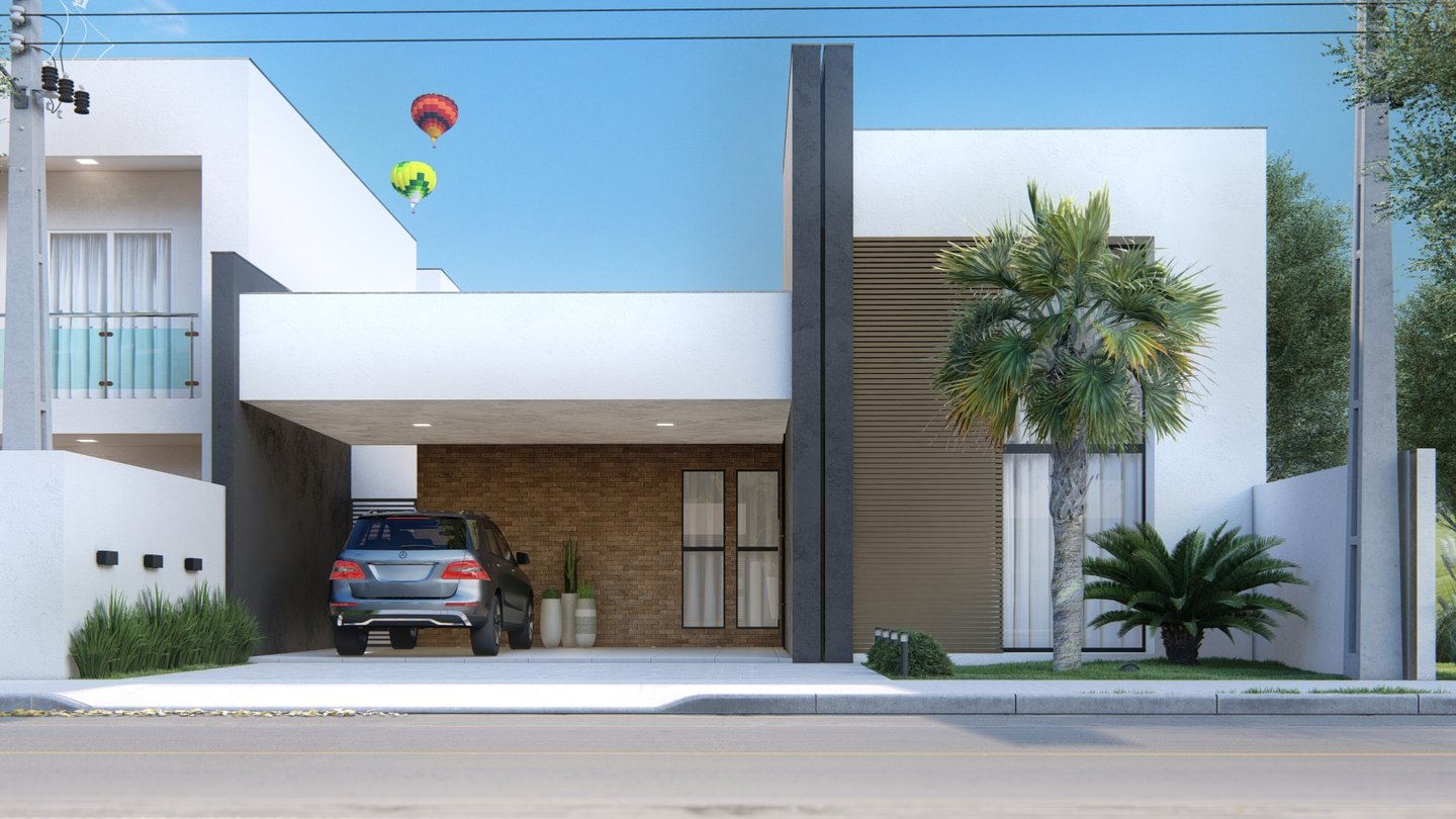 fachada moderna com tijolinho e janela alta 