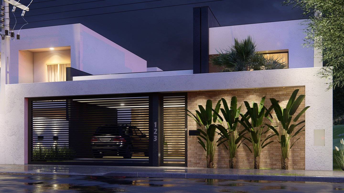 muro de casa moderno com detalhe em tijolinho e plantas