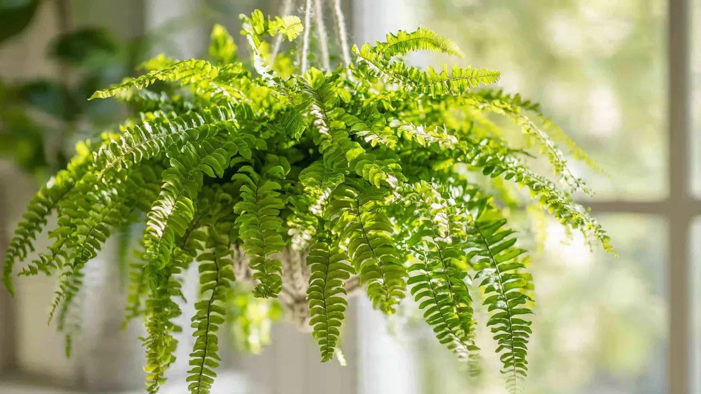 Helecho de Boston frondoso colgando cerca de una ventana luminosa