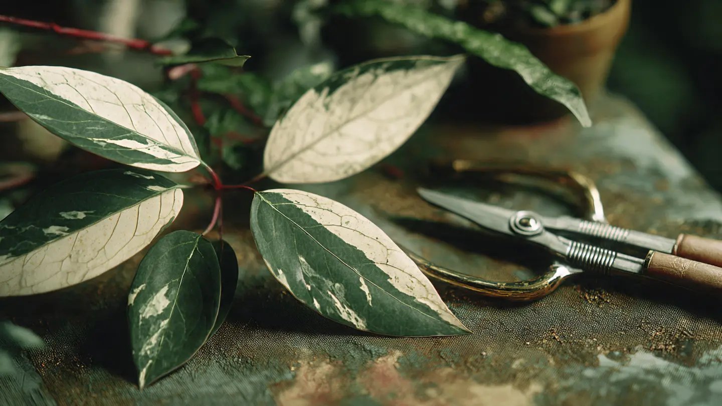 Planta de colección variegada con centro blanco y bordes verdes mostrando una hoja revertida a color