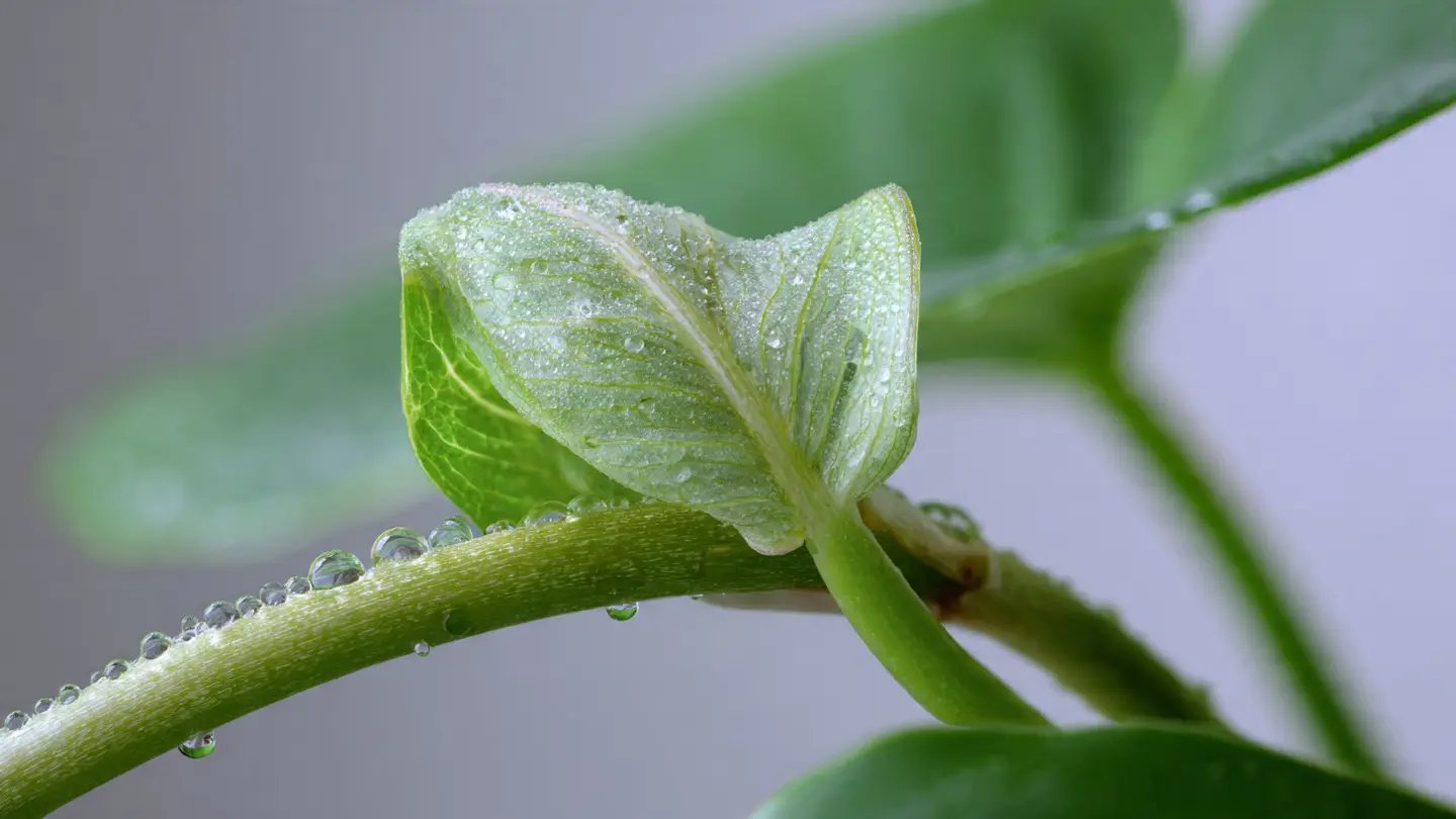 Hoja nueva de planta tropical naciendo arrugada y atascada en su tallo por falta de humedad.