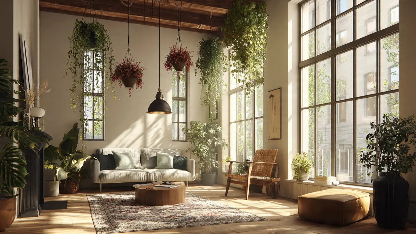 Salón moderno decorado con varias plantas colgantes exóticas y coloridas en maceteros suspendidos