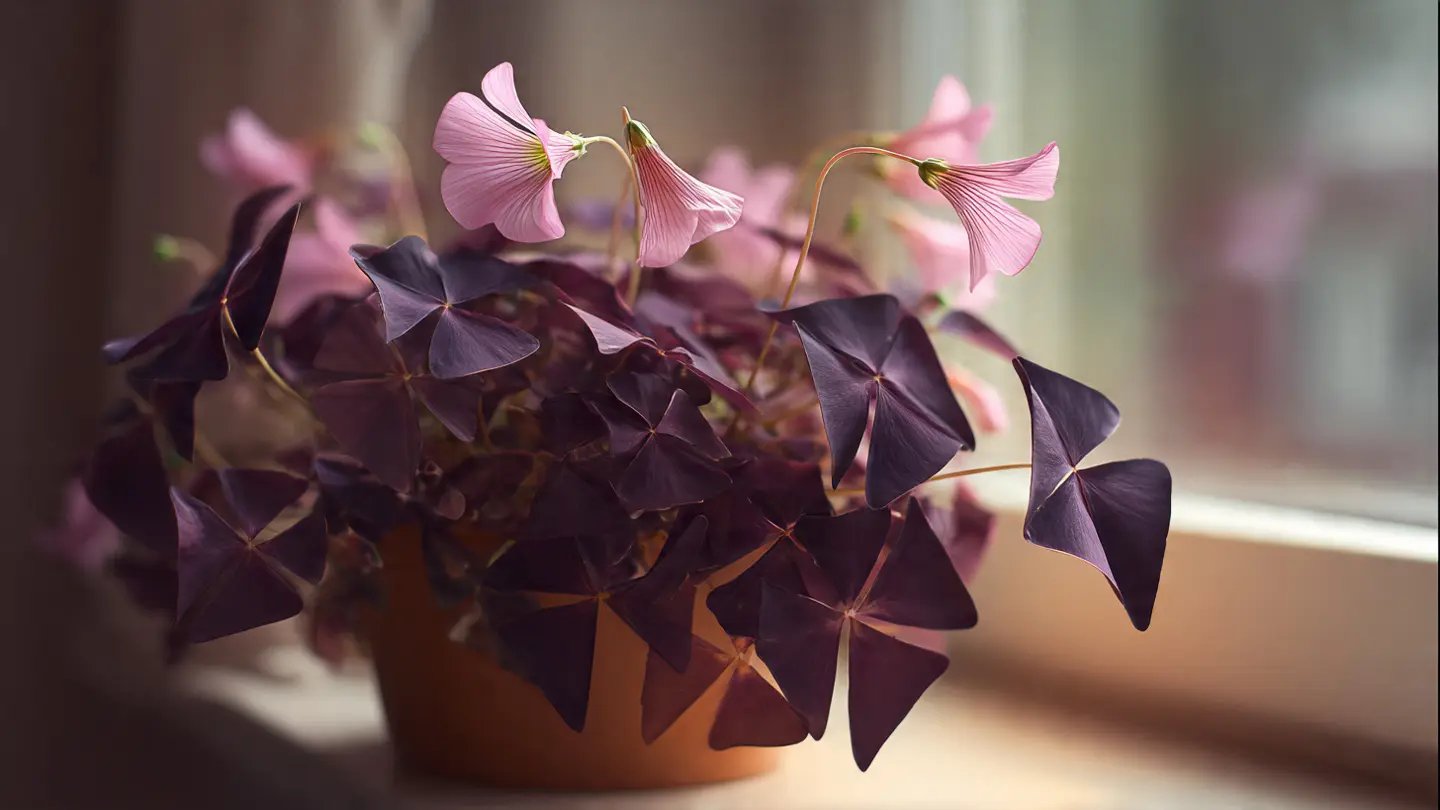 Oxalis Triangularis o Trébol Púrpura con hojas en forma de mariposa morada y flores rosas.
