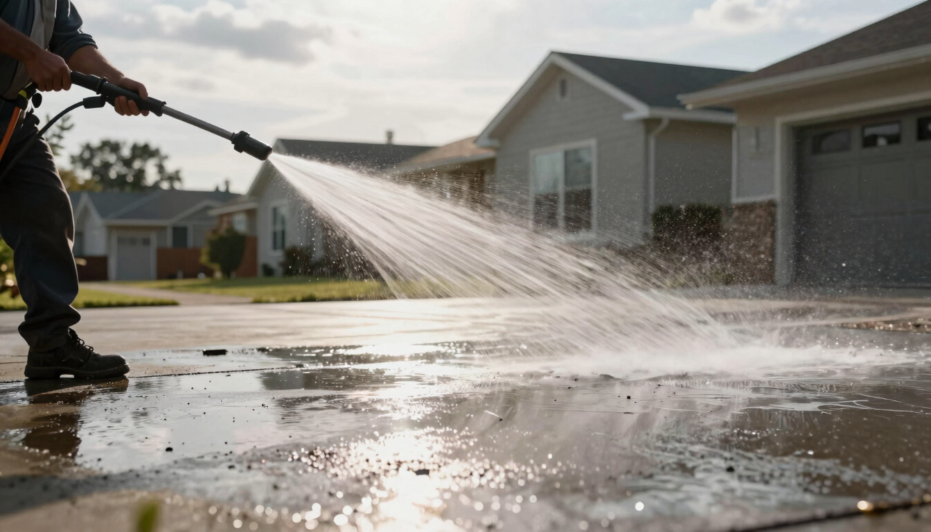 Wide panoramic residential driveway being pressure-washed, water fan-spraying across concrete pavement in afternoon daylight, technician with wand visible on the left third, clean strip contrasting against dirty surface, overcast bright sky above
