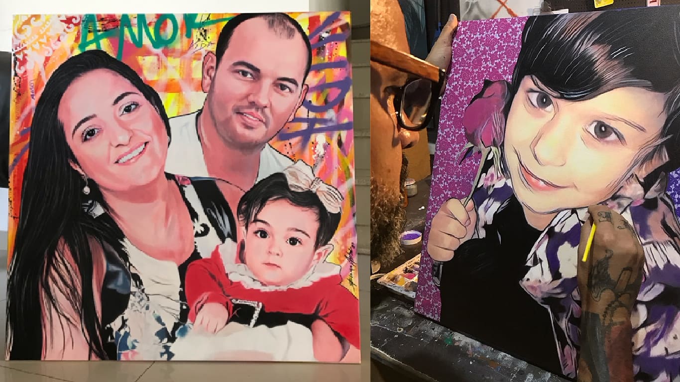 Pintura de família em estilo pop-art, capturando a essência de cada membro com originalidade