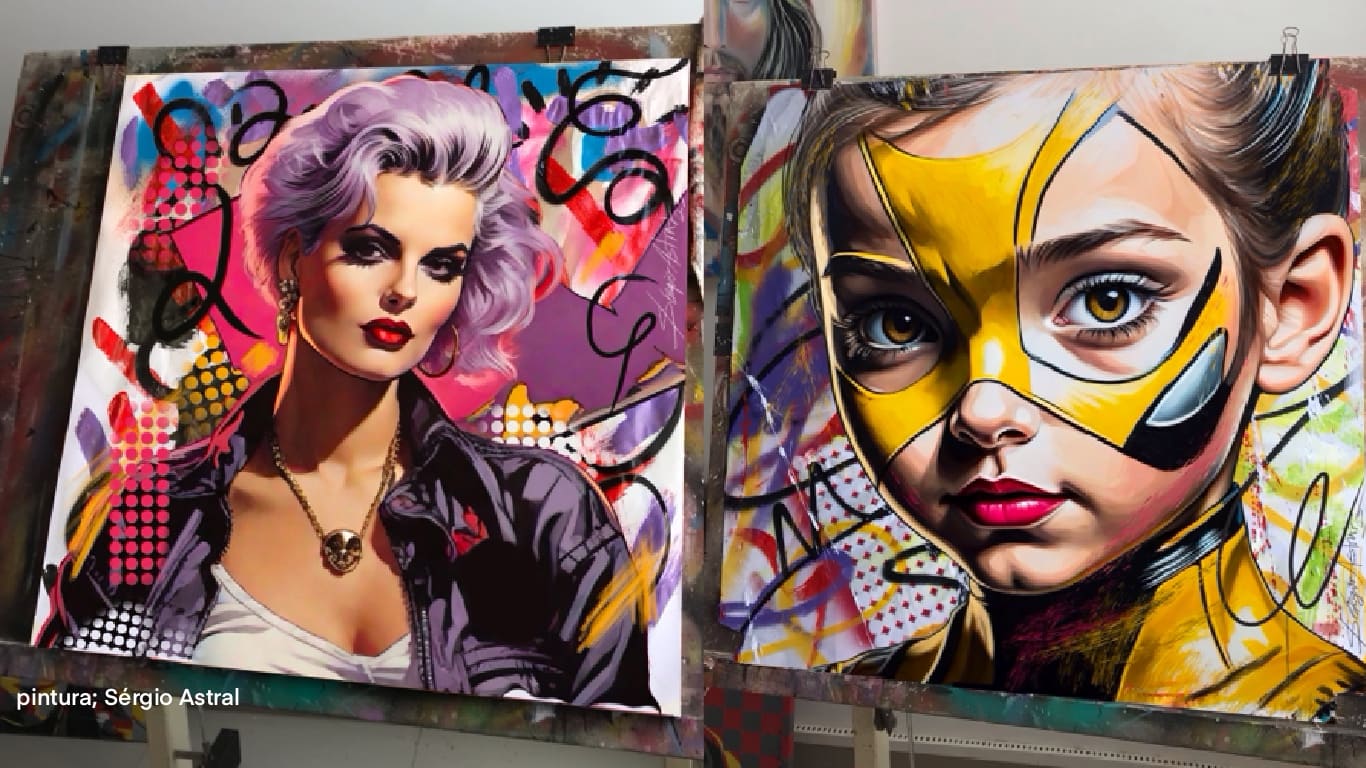 Rosto de criança em estilo pop-art com cores vibrantes