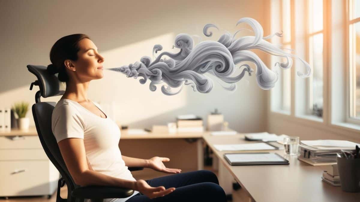 una mujer está practicando la técnica de respiración consciente