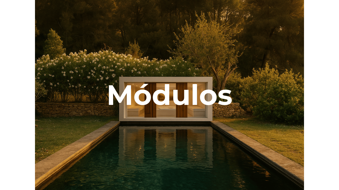 Módulo prefabricado de construcción modular junto a piscina en entorno natural