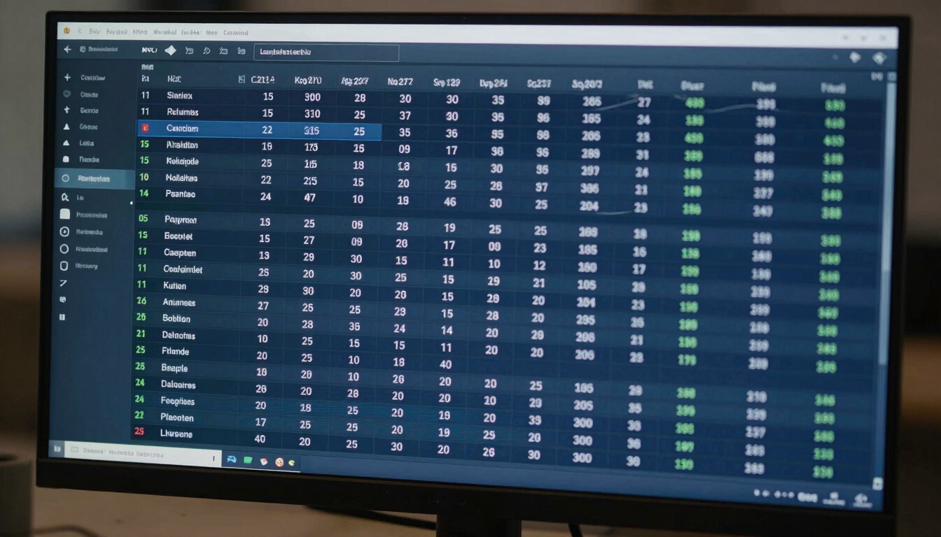 Close-up overhead shot of a transaction settlement dashboard on a large monitor, data rows and currency columns in sharp focus, studio lighting, deep blue interface, no people visible