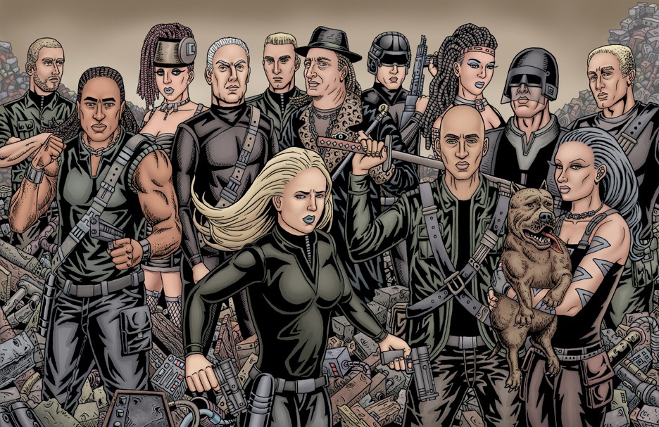 Drawn characters from the comic Eutopia 2055 in a group.