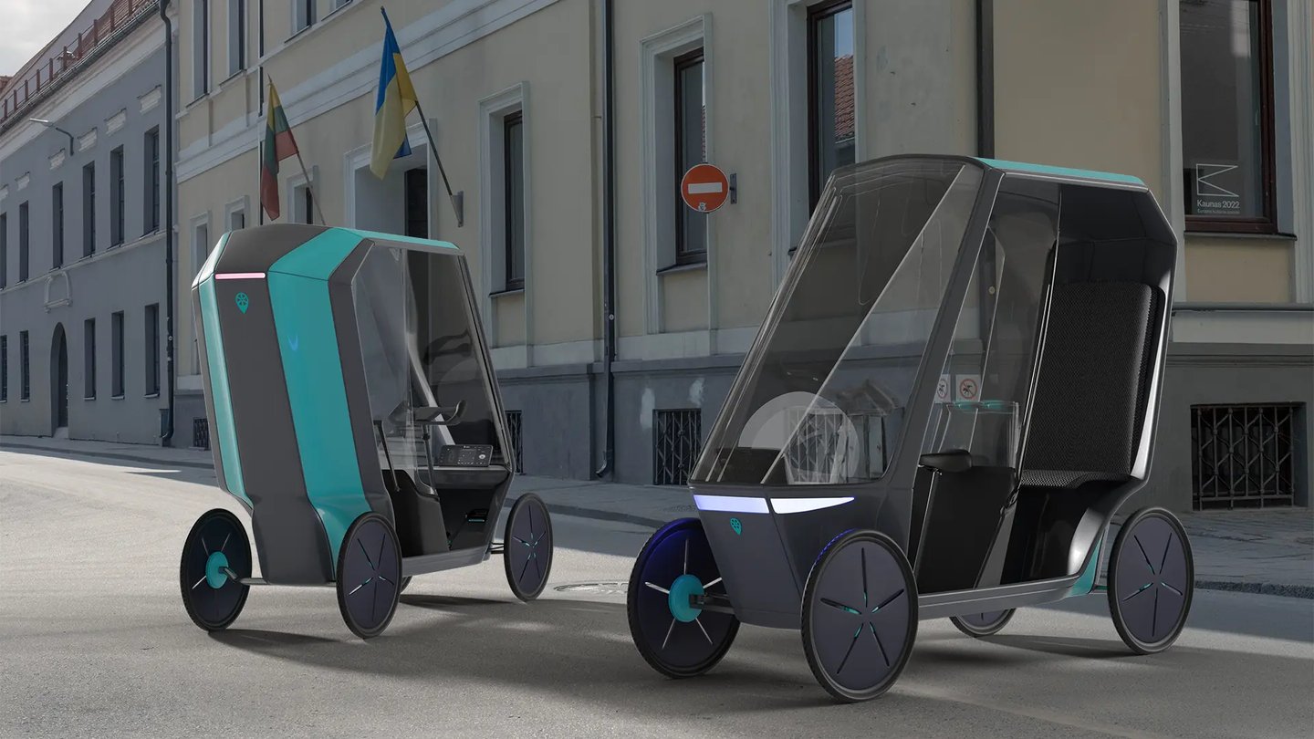 TaxiBike hybrid velomobile navigating urban streets, showcasing carbon-fiber body, modular seating, 