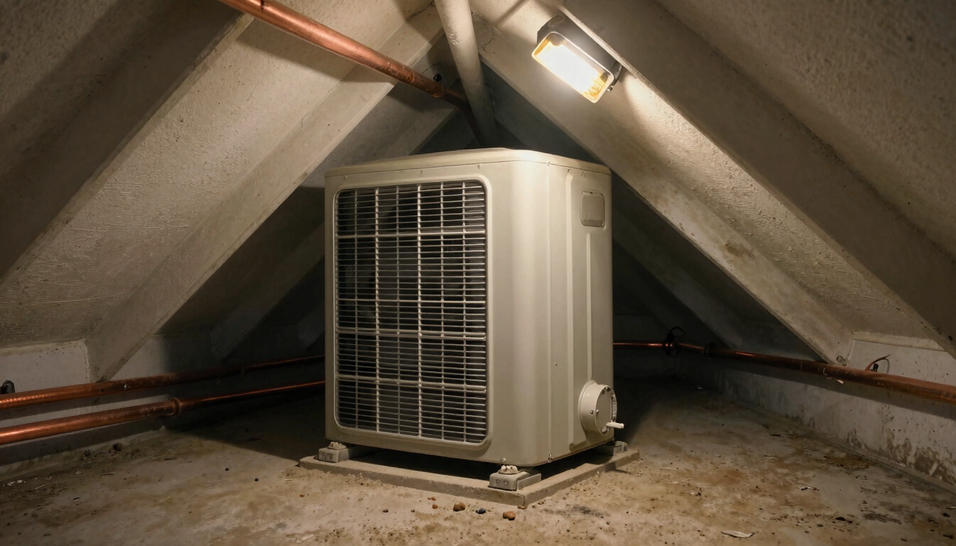 Wide environmental shot of a residential air handler unit tucked into an attic corner, dust and wear visible on the housing, single tungsten work light casting warm shadows, copper refrigerant lines running along the rafters, no people present
