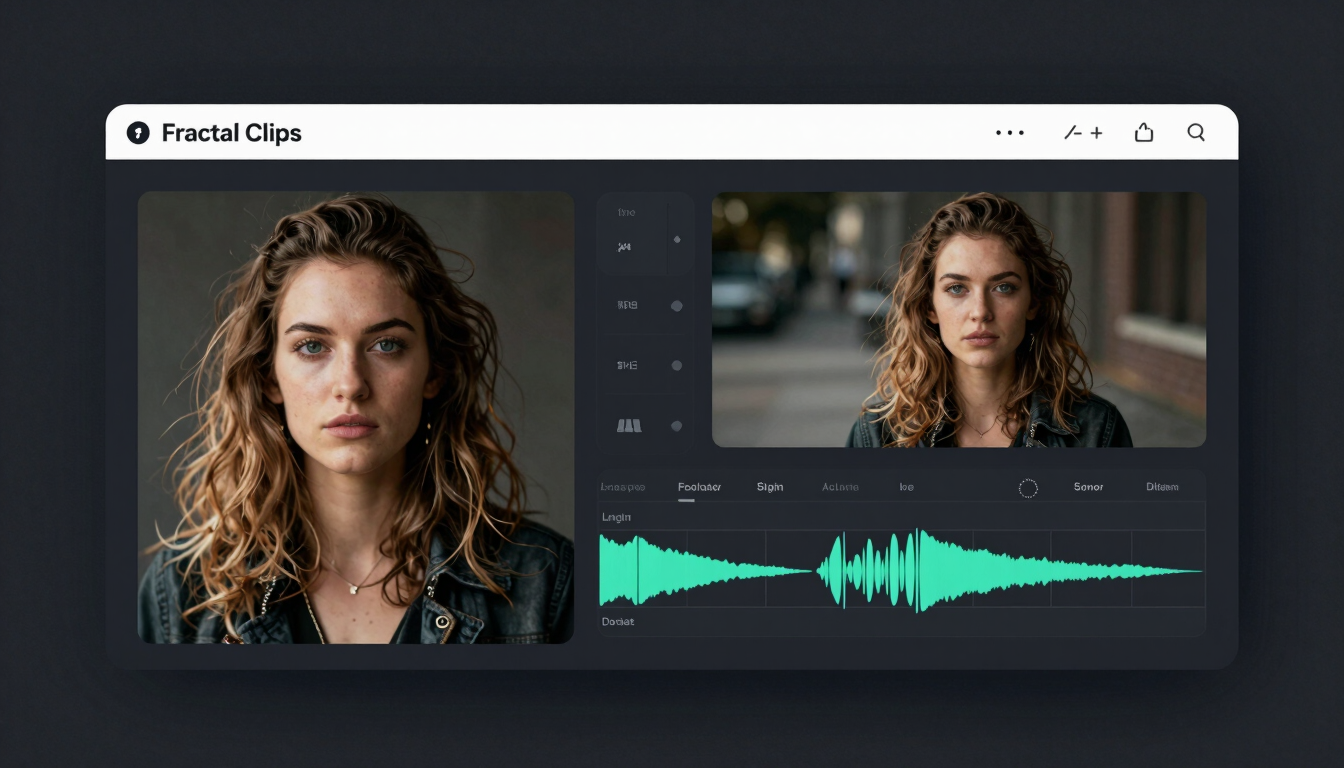 A clean dark UI mockup of the Fractal Clips platform interface, showcasing an uploaded portrait on the left and a video timeline on the right with audio waves.