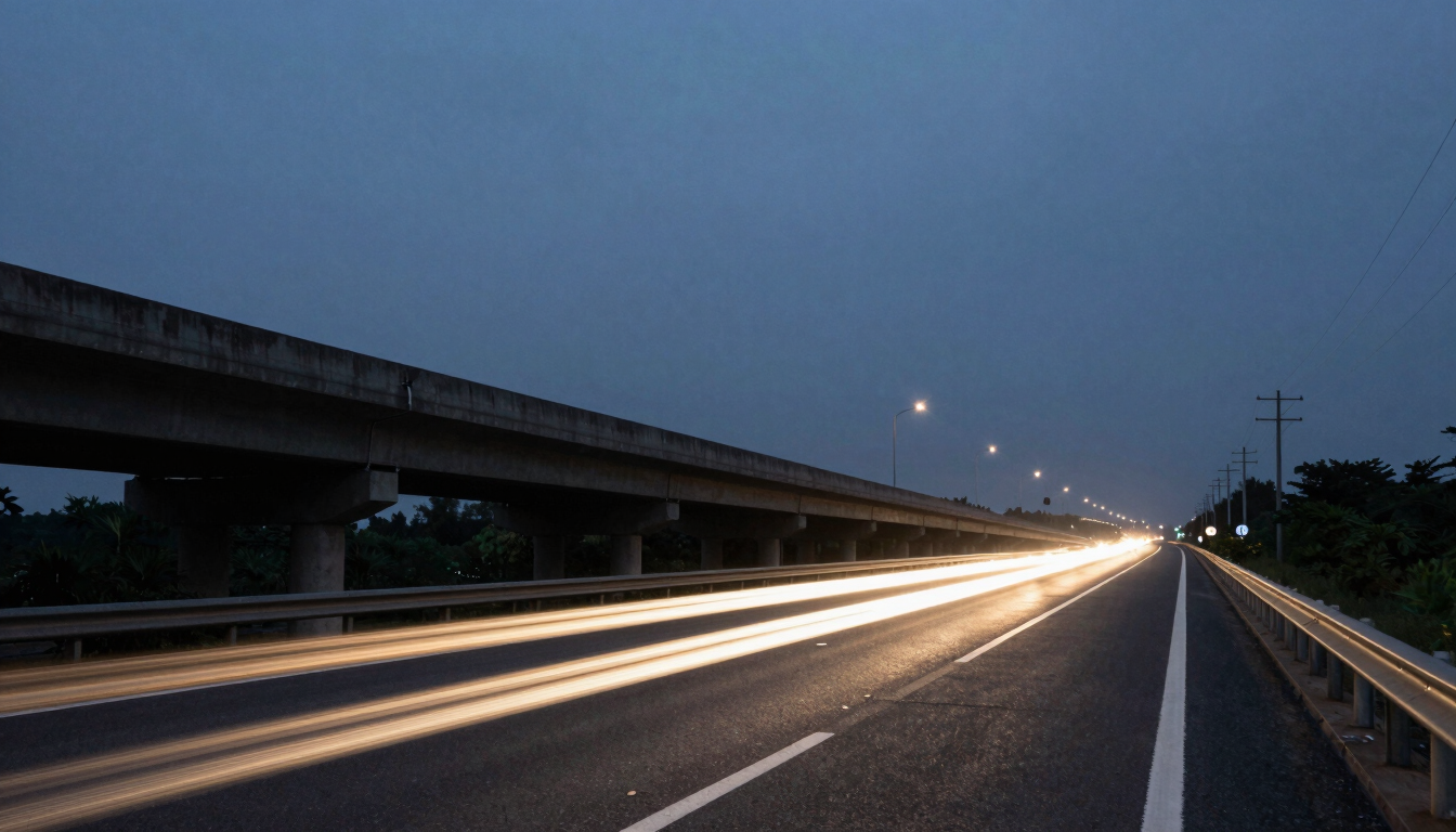 Wide panoramic view of a highway overpass at dusk, headlights streaking below in long exposure, the sky a deep blue-gray, utility poles receding into the distance on the right side, shot on 35mm with visible grain and slight lens flare from an oncoming light