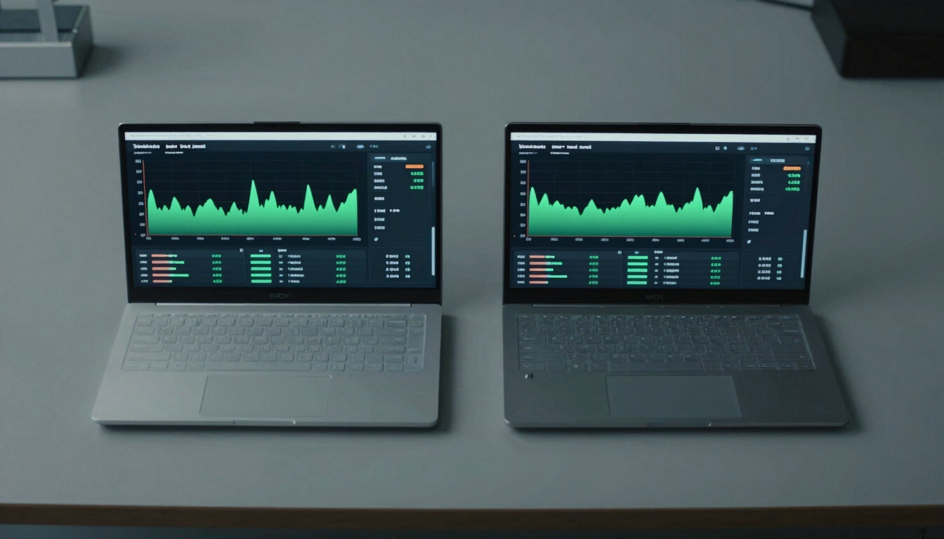 Wide overhead shot of a test bench: two Android devices side by side displaying performance metric dashboards with green uptime graphs and frame-rate counters, neutral gray surface, even lab lighting, no people