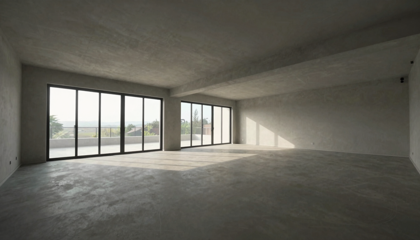 Wide 16:9 placeholder frame for an embedded 360-degree virtual tour of Prototype A interior, mid-morning natural light, empty room showing full ceiling height and sightlines, no people, no furniture