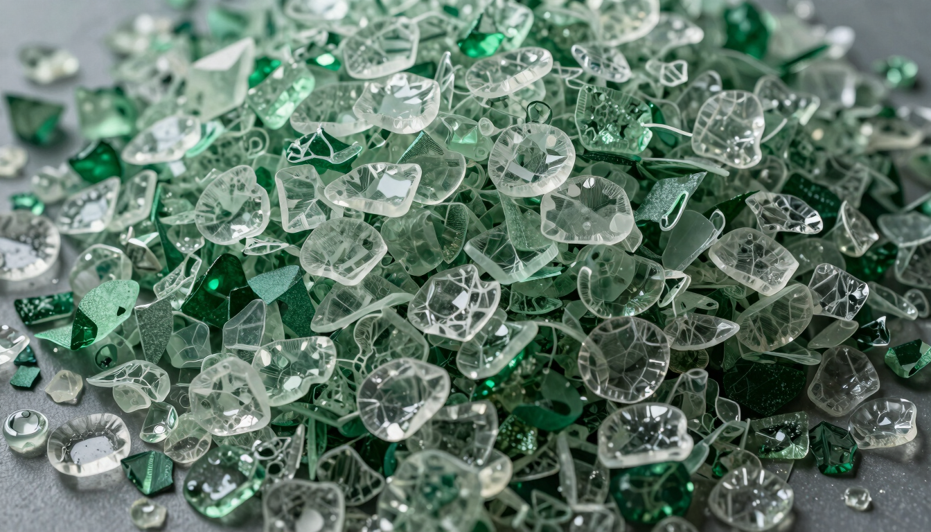 Overhead macro shot of dense sorted PET flake in translucent green and clear tones spread across a flat industrial surface, studio strobe lighting revealing grain texture and density variation, no people, no text