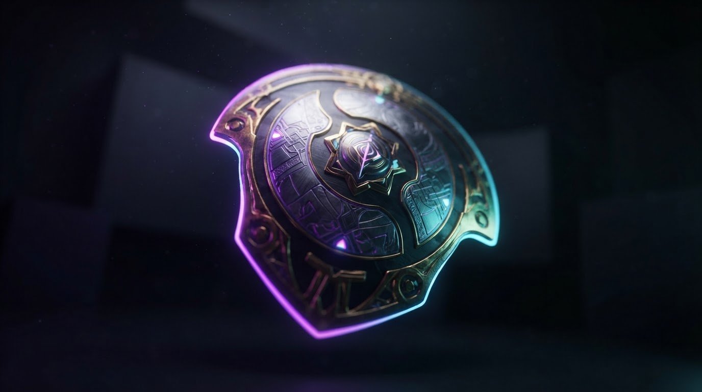A sleek 3D digital render of a glowing metallic shield with electric purple and cyan rim lights, floating in a dark minimalist studio space, premium lighting, high fidelity, cinematic depth of field.