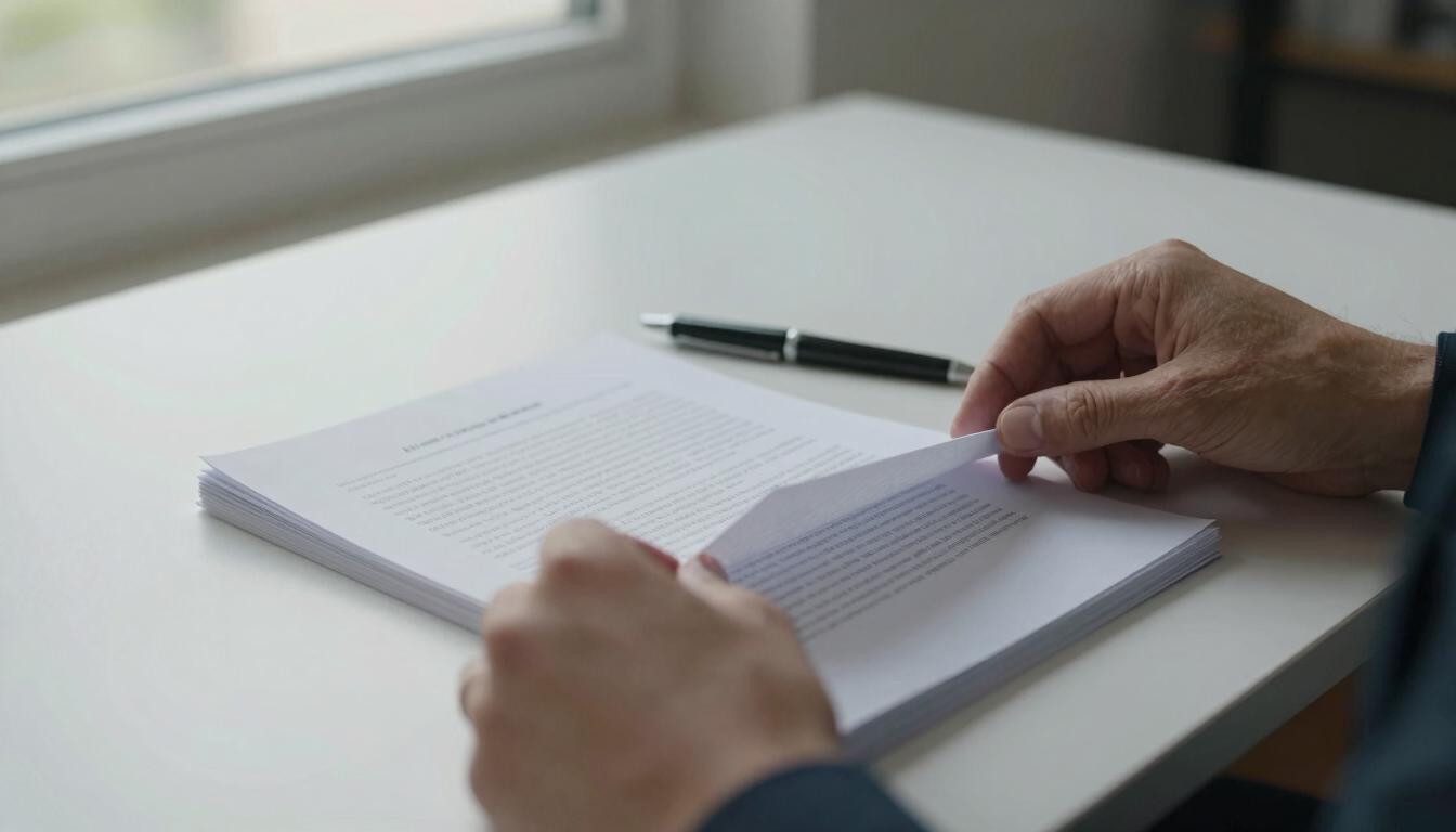Close-up of hands carefully turning pages of a legal document on a clean white desk, north-facing daylight from a nearby window, single pen resting beside the pages, no people visible beyond the hands, calm and deliberate atmosphere