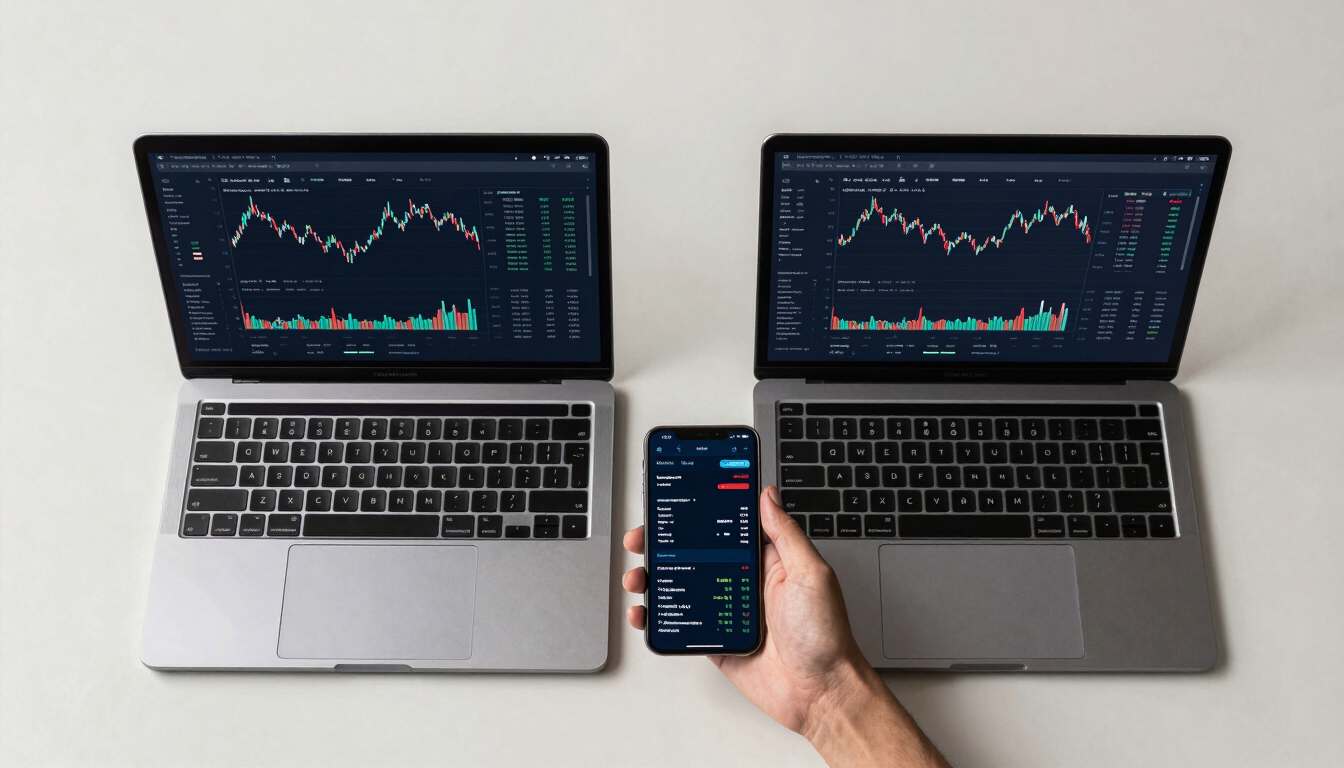 Wide panoramic top-down view of a laptop and phone side by side on a clean light desk, financial app dashboards visible on both screens mid-interaction, a hand reaching toward the phone screen, sharp studio lighting from above, no people's faces, data visualization charts partially visible