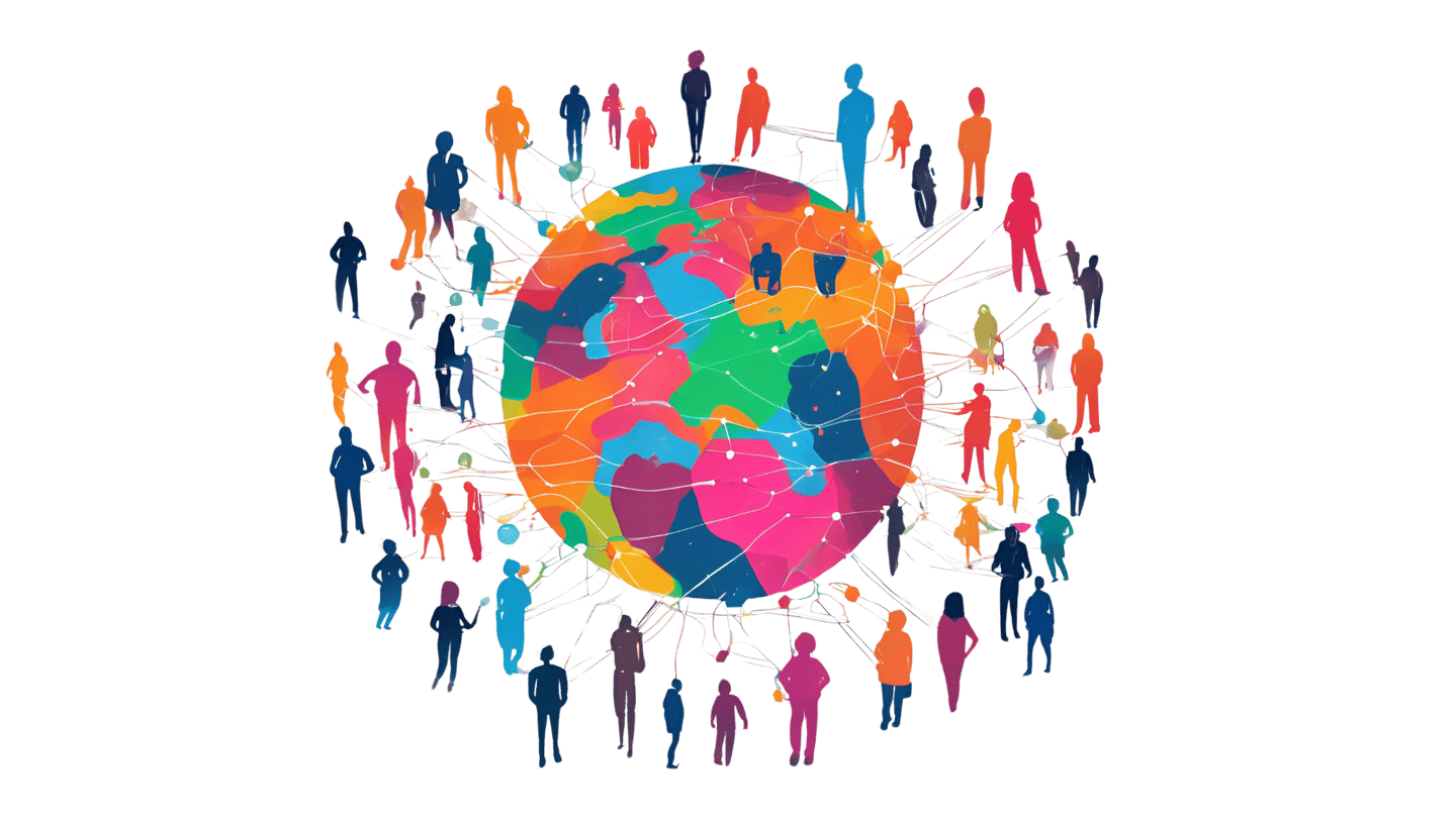 Globo terrestre estilizado com contornos abstratos e silhuetas humanas coloridas conectadas.