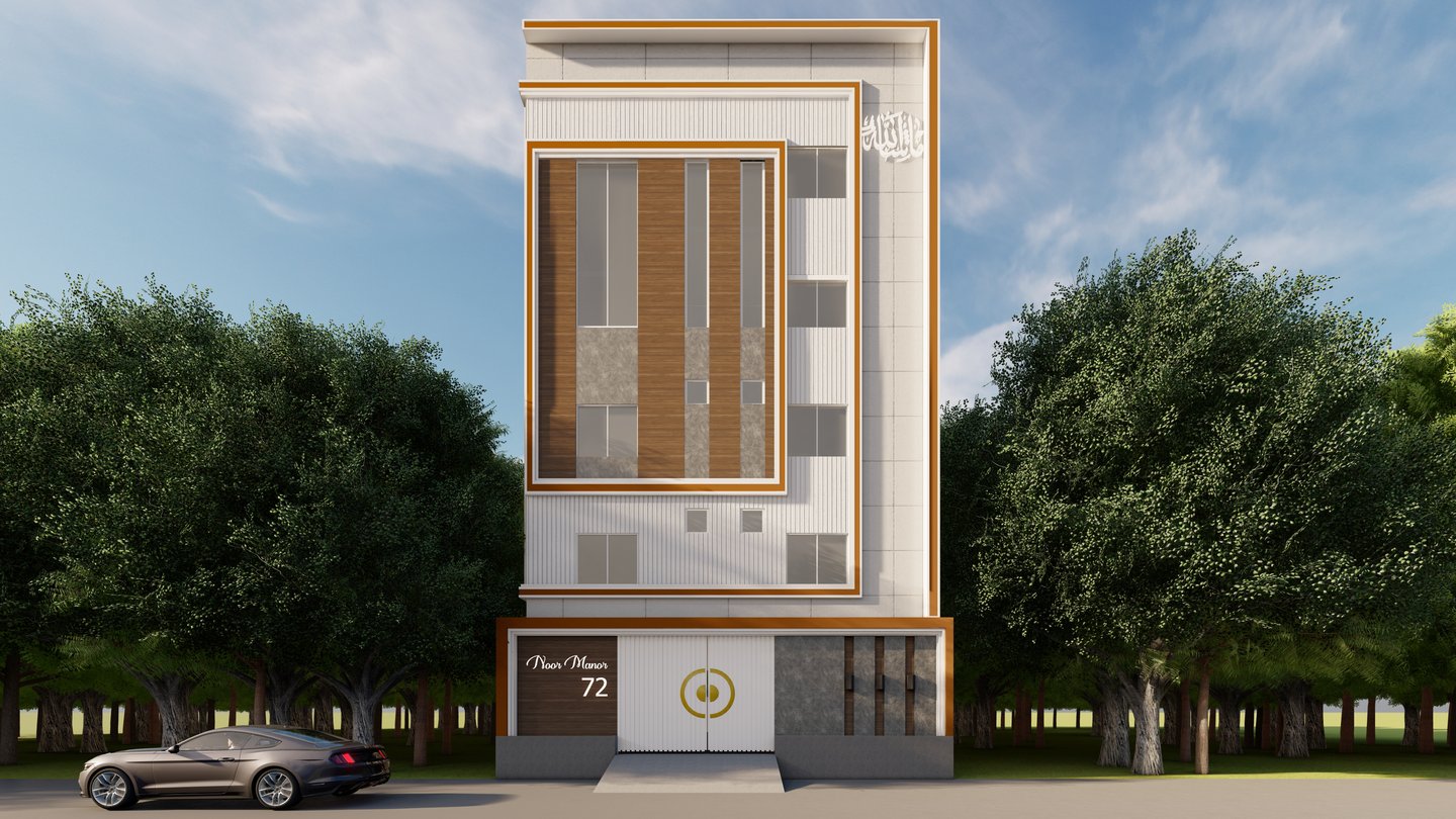 Contemporary building exterior with sleek architecture and a landscaped entrance