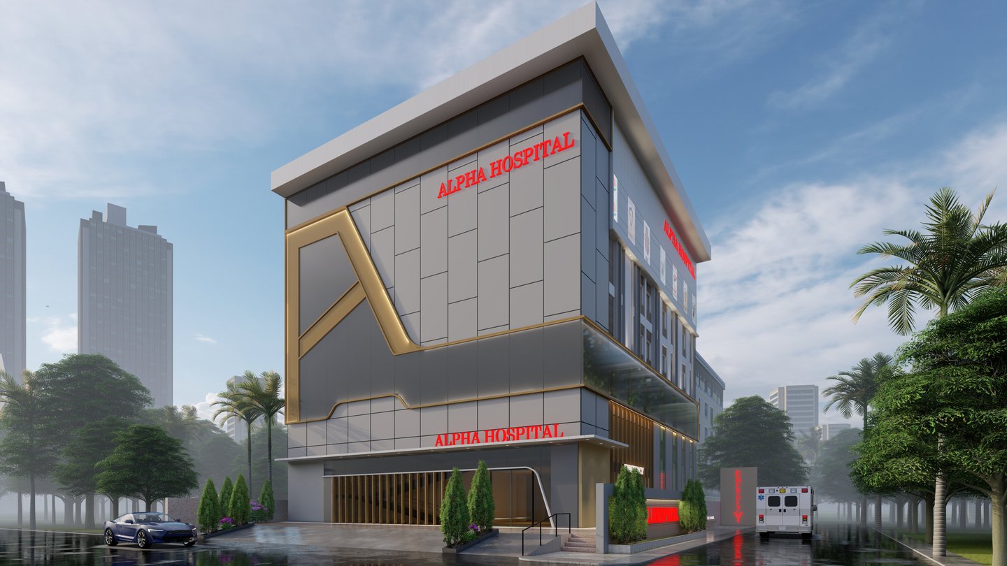 Contemporary building exterior with sleek architecture and a landscape. Alpha Hospital attapur