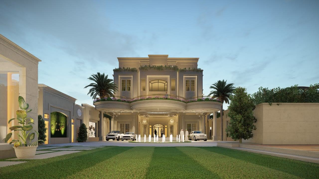 Contemporary building exterior with sleek architecture and a landscaped entrance