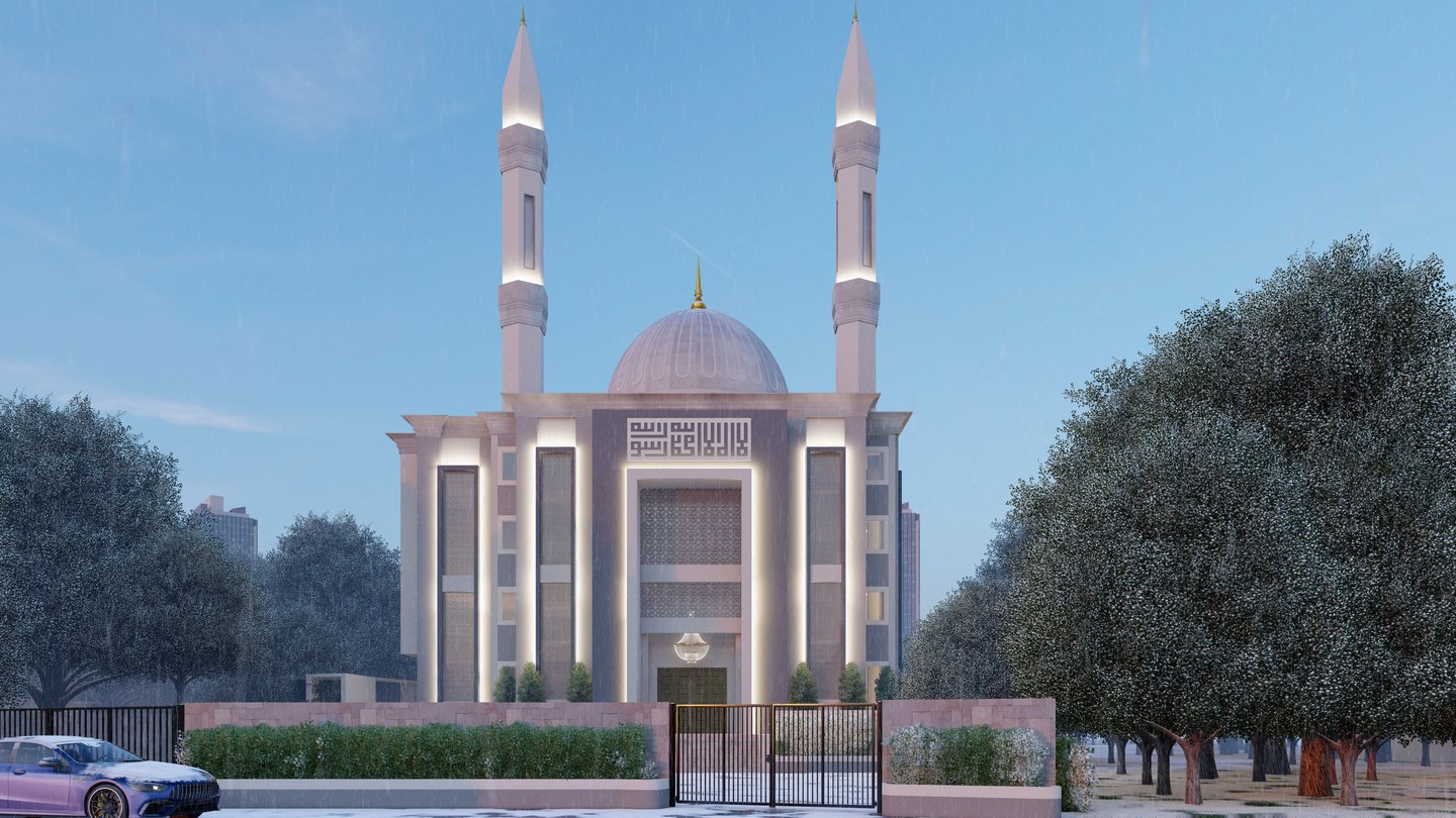Contemporary mosque exterior with sleek architecture and a landscaped entrance