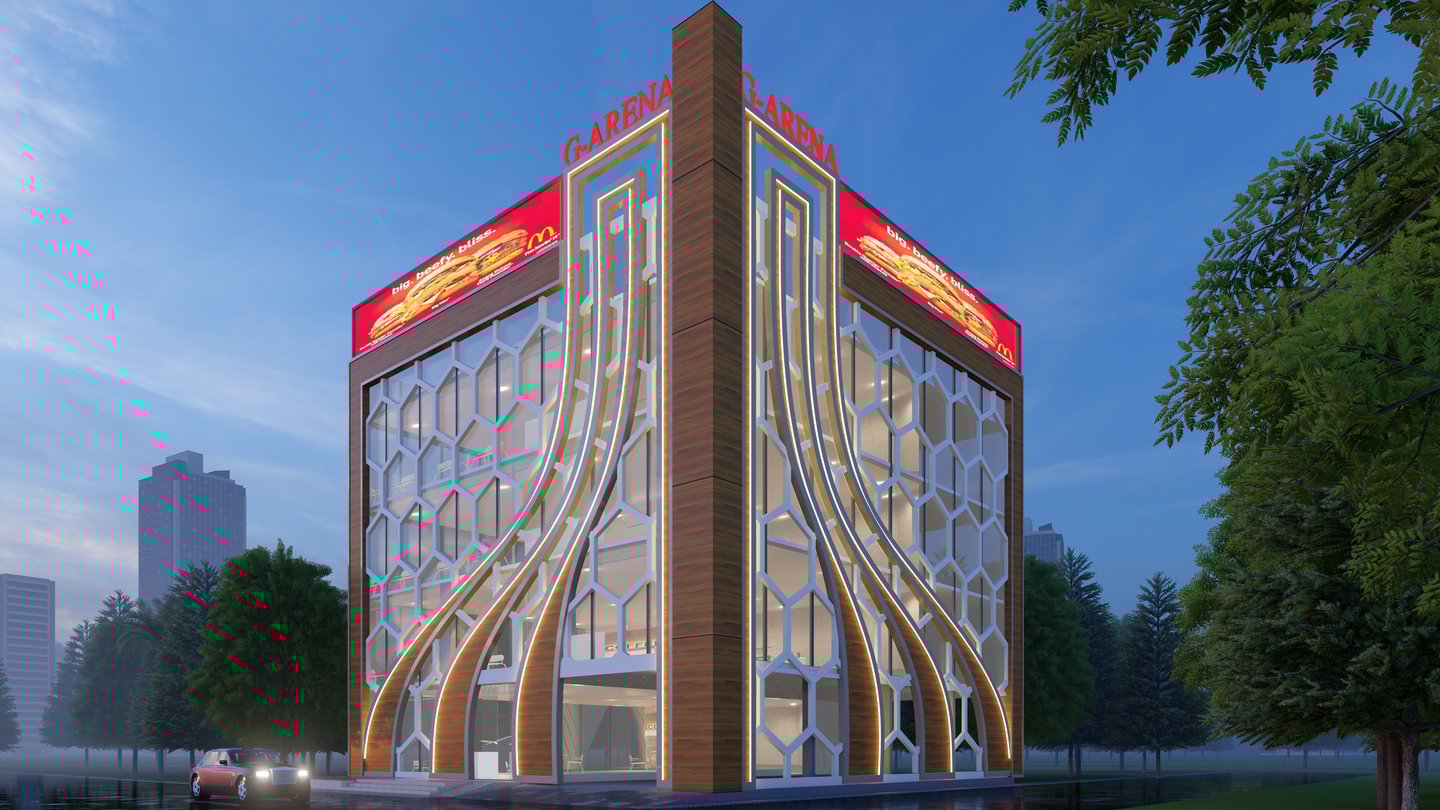 Contemporary building exterior with sleek architecture and a landscaped entrance