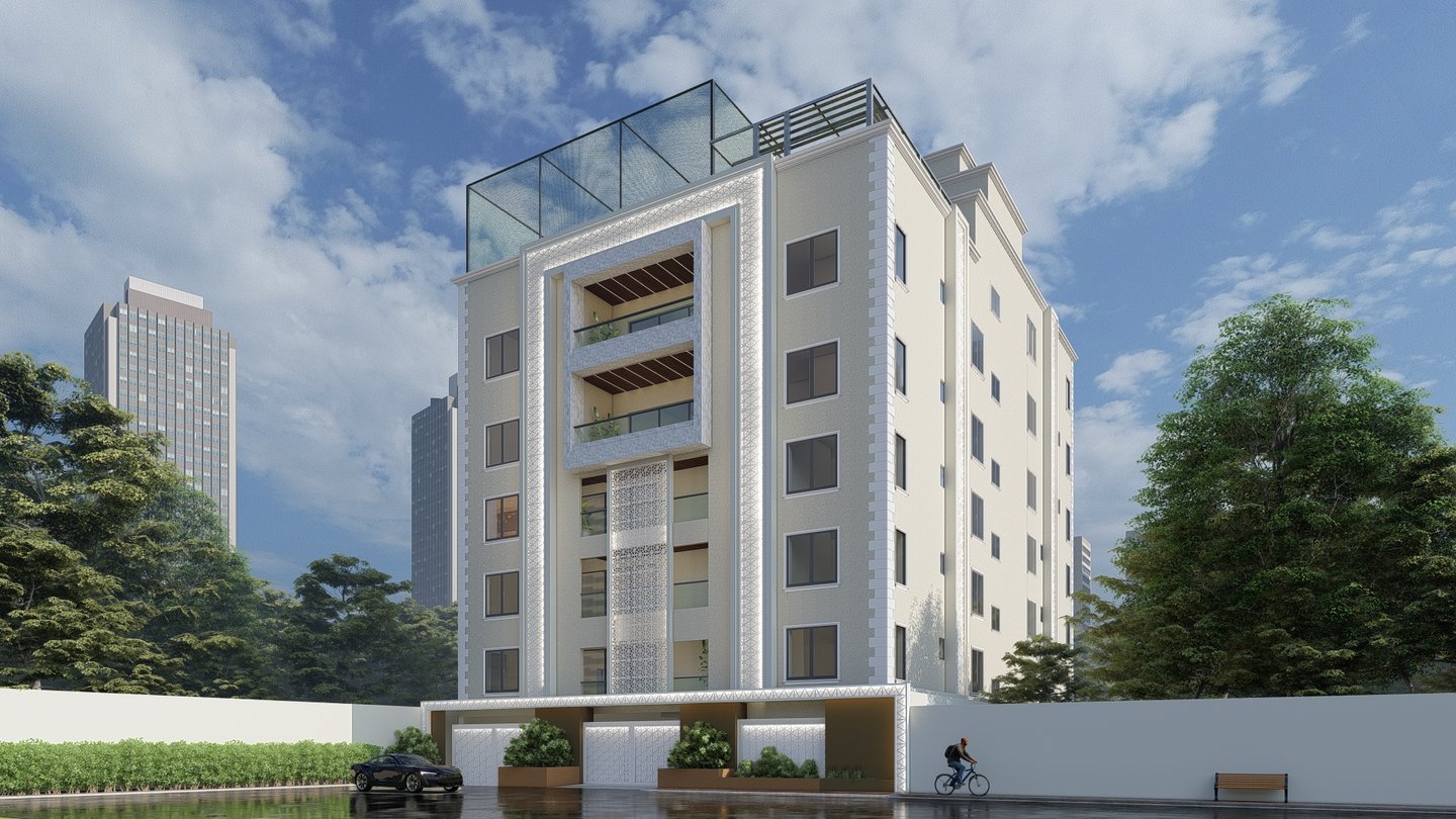 Contemporary building exterior with sleek architecture and a landscaped entrance