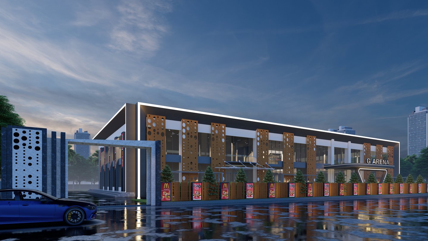 Contemporary building exterior with sleek architecture and a landscaped entrance