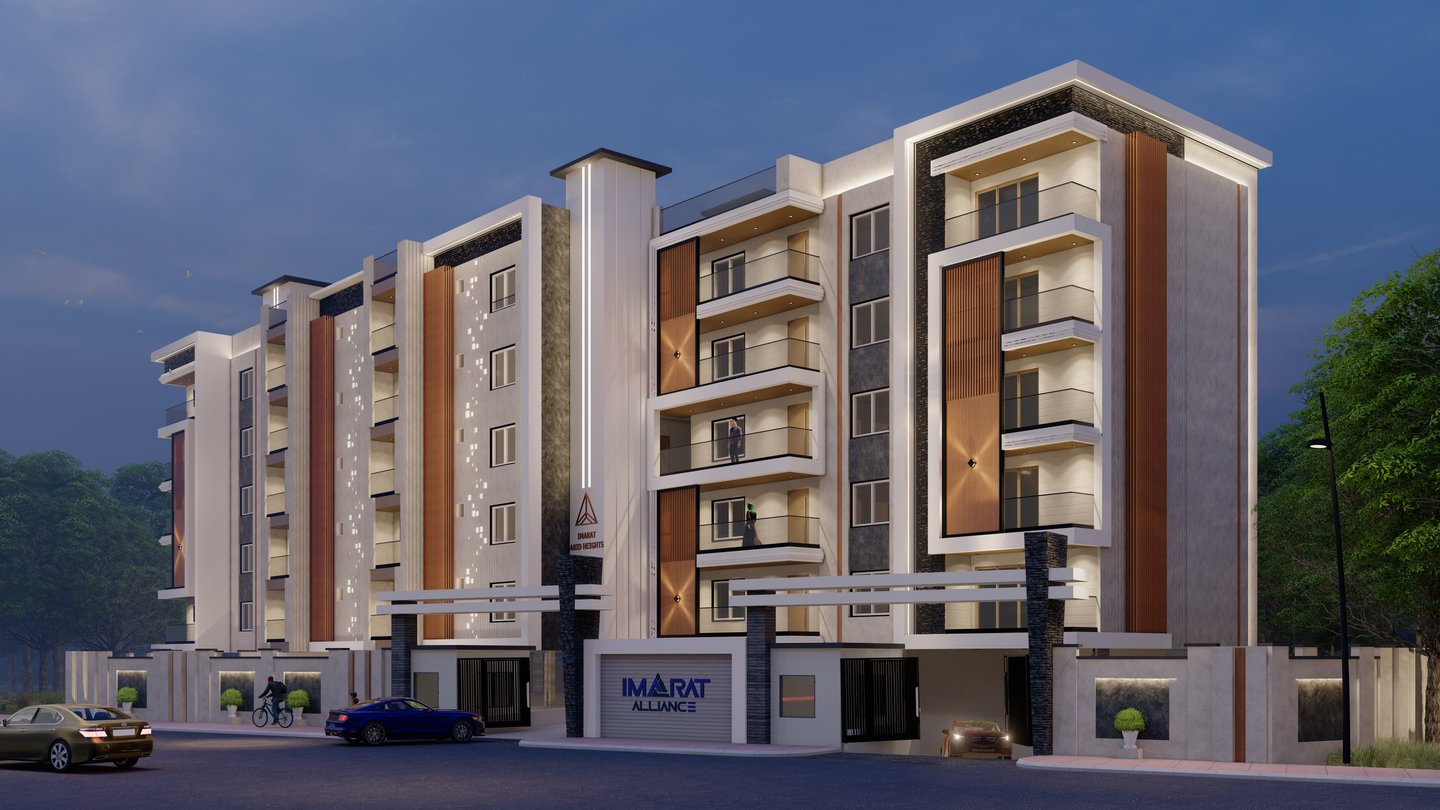 Contemporary building exterior with sleek architecture and a landscaped entrance