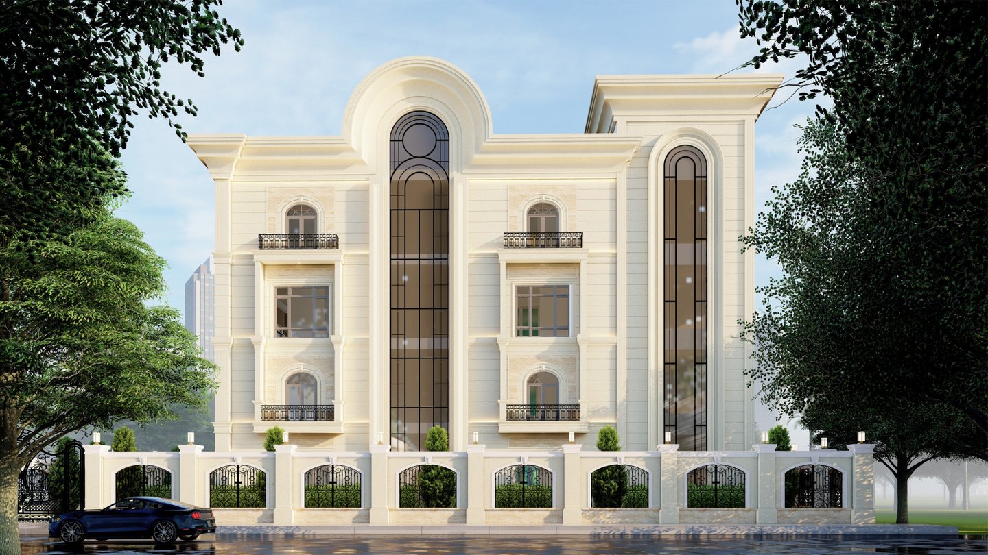 Contemporary building exterior with sleek architecture and a landscaped entrance