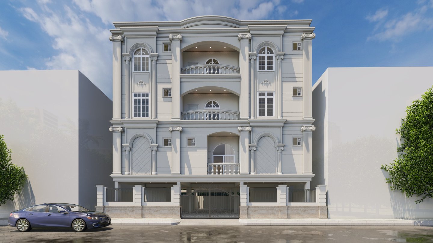 Classic elevation design of a residential building in Hyderabad, featuring traditional architectural