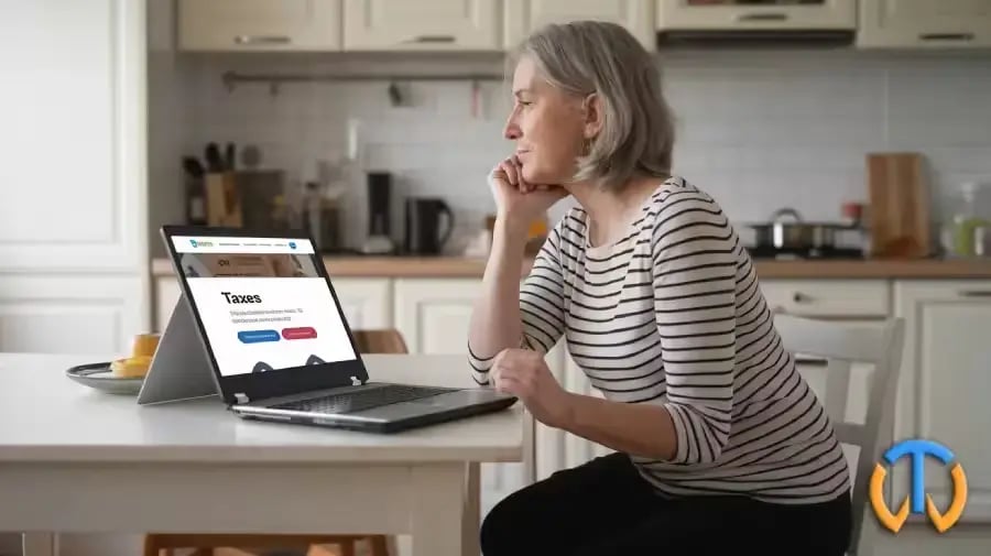 Une quinquagénaire regardant son ordinateur sur la table de sa cuisine