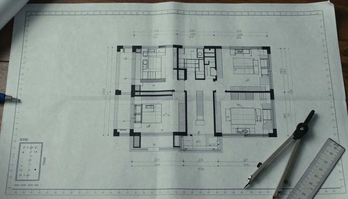 Extreme wide-angle overhead view of a detailed architectural blueprint spread flat on a white surface, precise measurement annotations and section callouts visible under cool daylight, drafting tools—a steel scale rule and compass—resting at the lower right corner, generous negative space on the left third of the frame