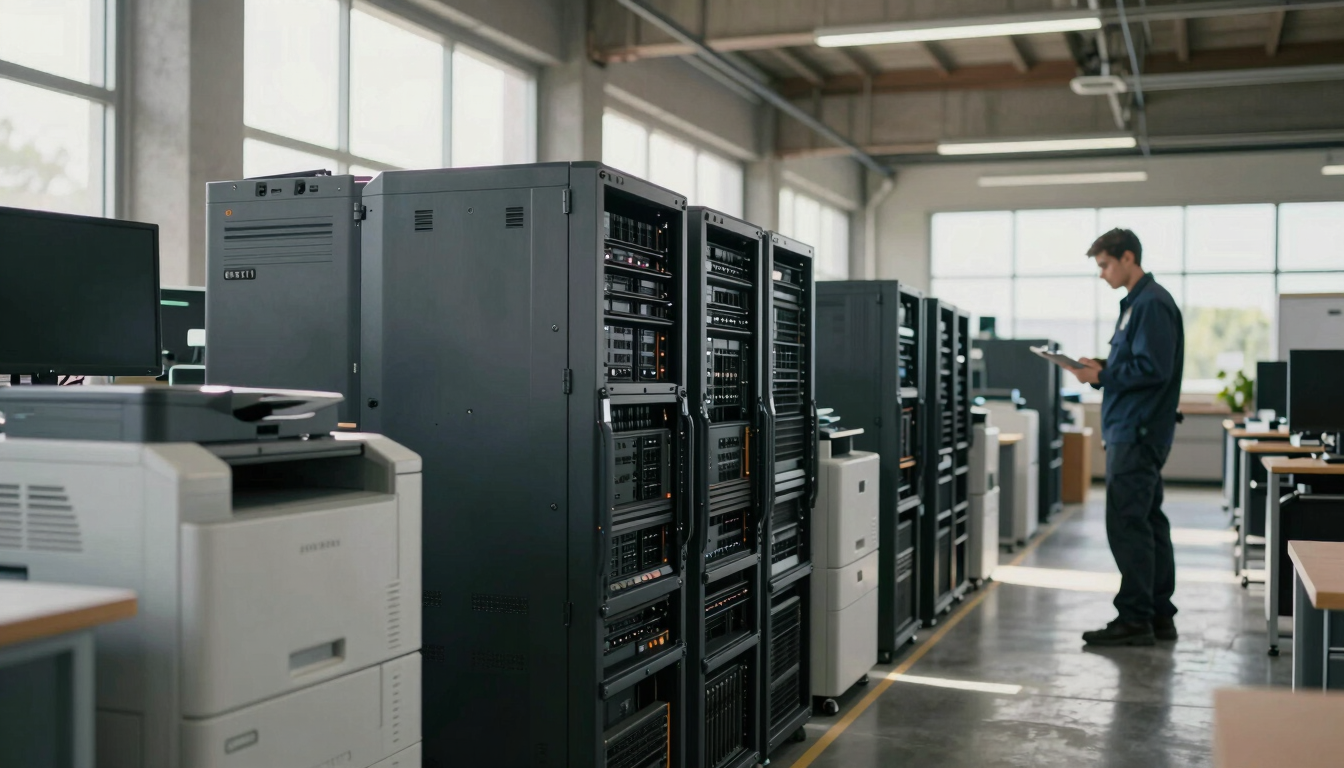 Wide panoramic warehouse interior during daylight, stacked office equipment — monitors, printers, server racks — arranged in rows on the left, a worker with a clipboard checking serial numbers in the right third, natural light streaming through high windows