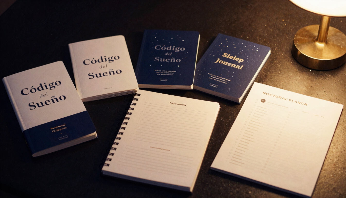 High-end digital mockups of the 'Código del Sueño' kit components: a premium ebook, five audio guides, a sleep journal, a nocturnal planner, and an printable checklist, all arranged elegantly on a dark surface with warm golden highlights, evoking a starry night, shallow depth of field, 35mm.