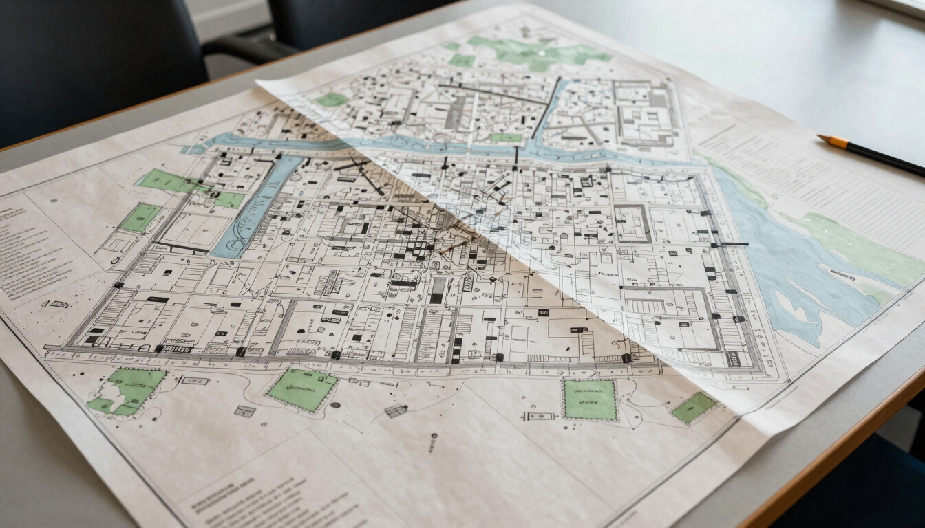 Overhead flatlay of large-format institutional map spreads arranged on a council planning table, even north-facing daylight, paper grain and ink saturation visible, cartographic annotation marks in pencil at the margins, no people