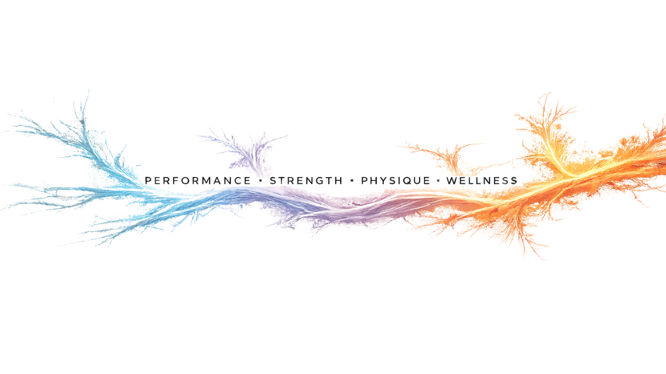 Abstract energy wave with performance, strength, physique, and wellness text on white background.