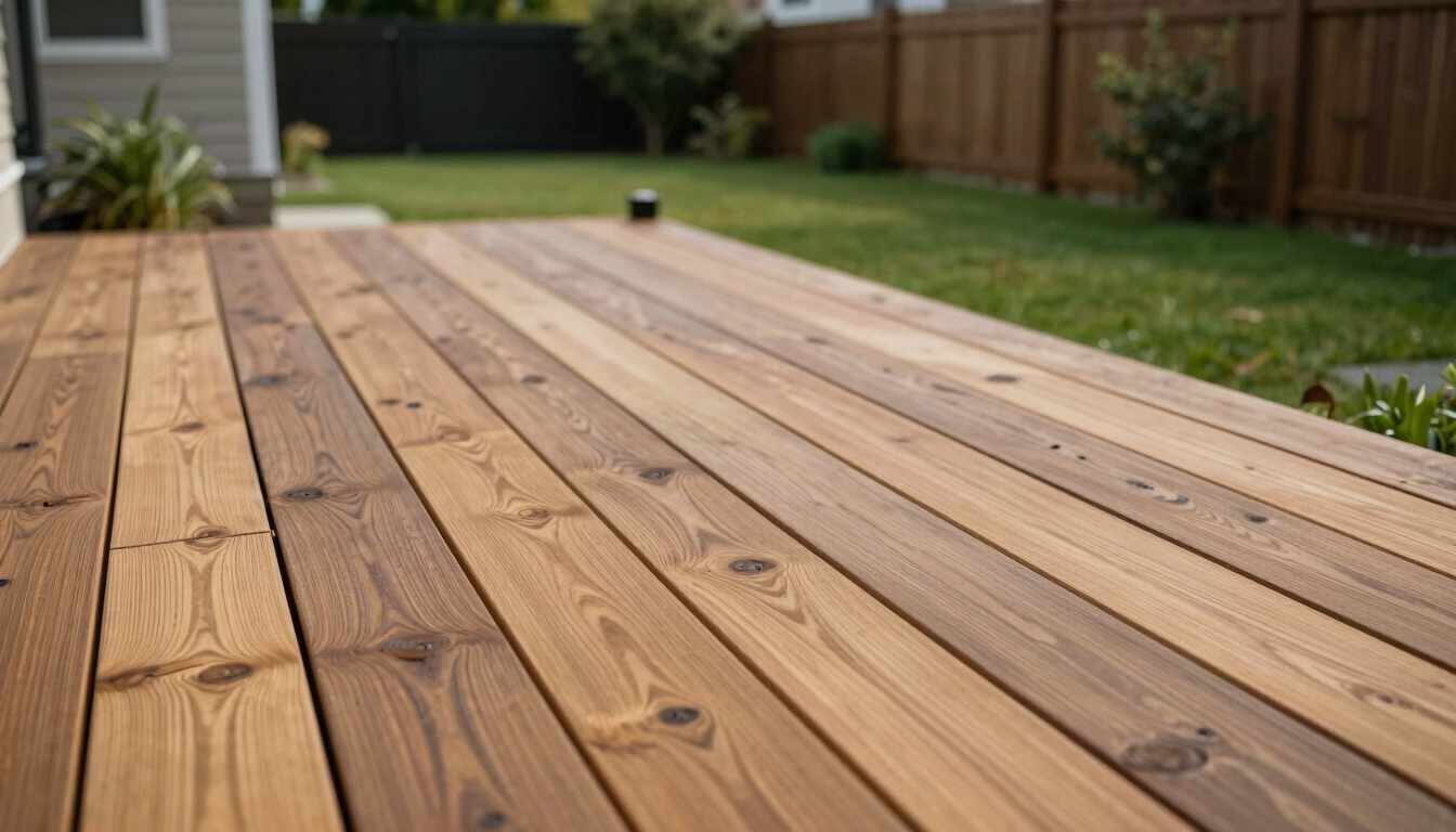 Wide environmental shot of a freshly installed hardwood deck set within a real residential garden, photographed in afternoon daylight — the deck boards running diagonally into the frame, grain clearly visible, surrounding lawn and fence in soft focus behind, no people, no furniture