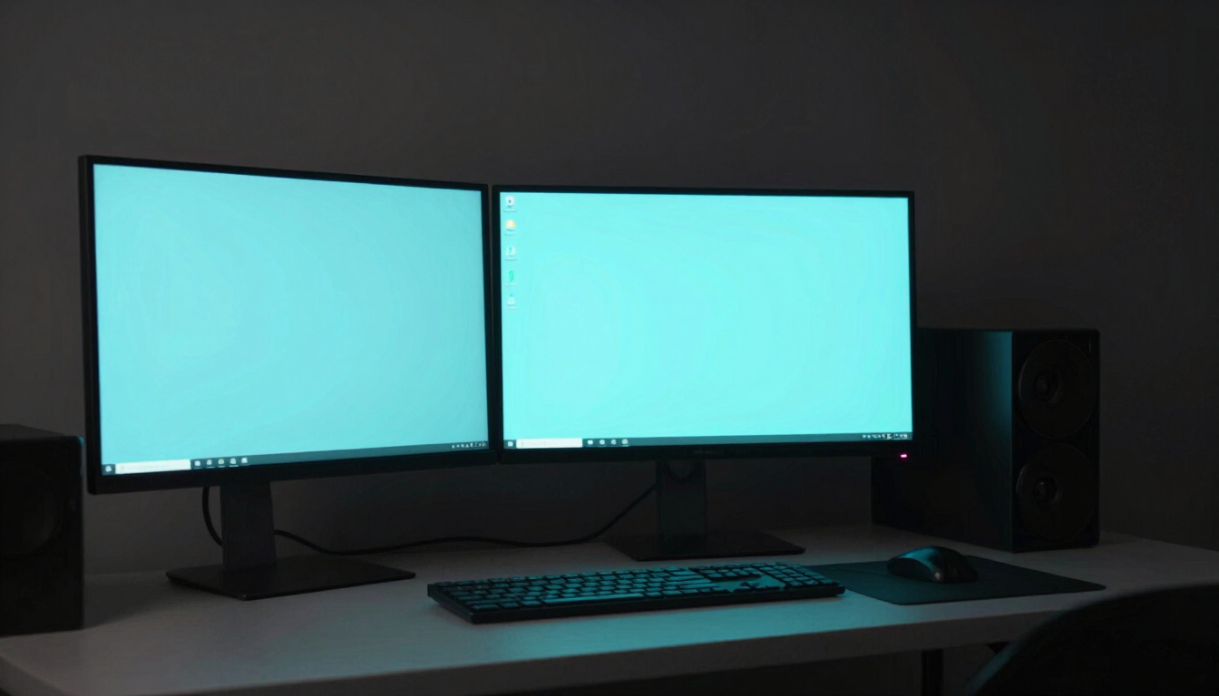 Sleek minimalist desk setup with glowing cyan monitors in low-key ambient lighting, macro depth of field, 35mm