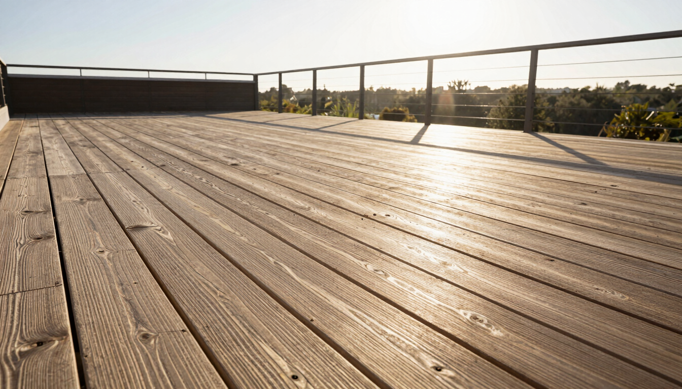 Wide environmental shot of a completed deck in afternoon sun, composite or hardwood boards running diagonally from foreground to a railing with cable detail, the boards' grain texture visible in the low-angle light, no people, no furniture, the structure speaking for itself