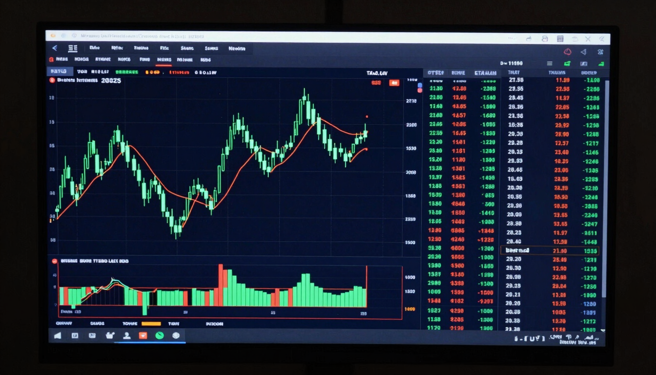 Dark trading dashboard UI on a wide monitor, candlestick chart in neon green on deep navy background, real-time price columns with Indian rupee values, market depth panel visible on right, dramatic under-screen glow, no text overlays
