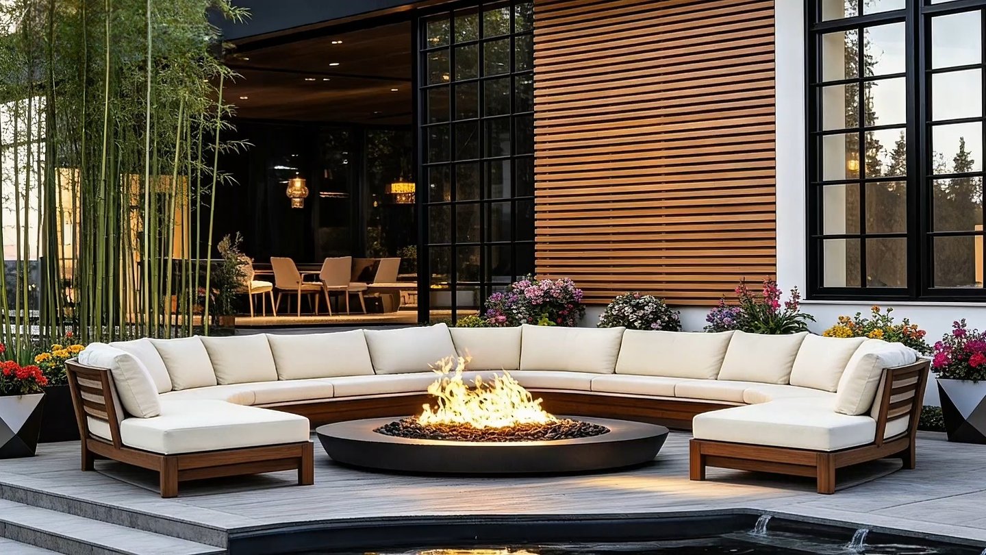 Modern outdoor patio with a curved sectional sofa surrounding a circular gas fire pit at sunset.