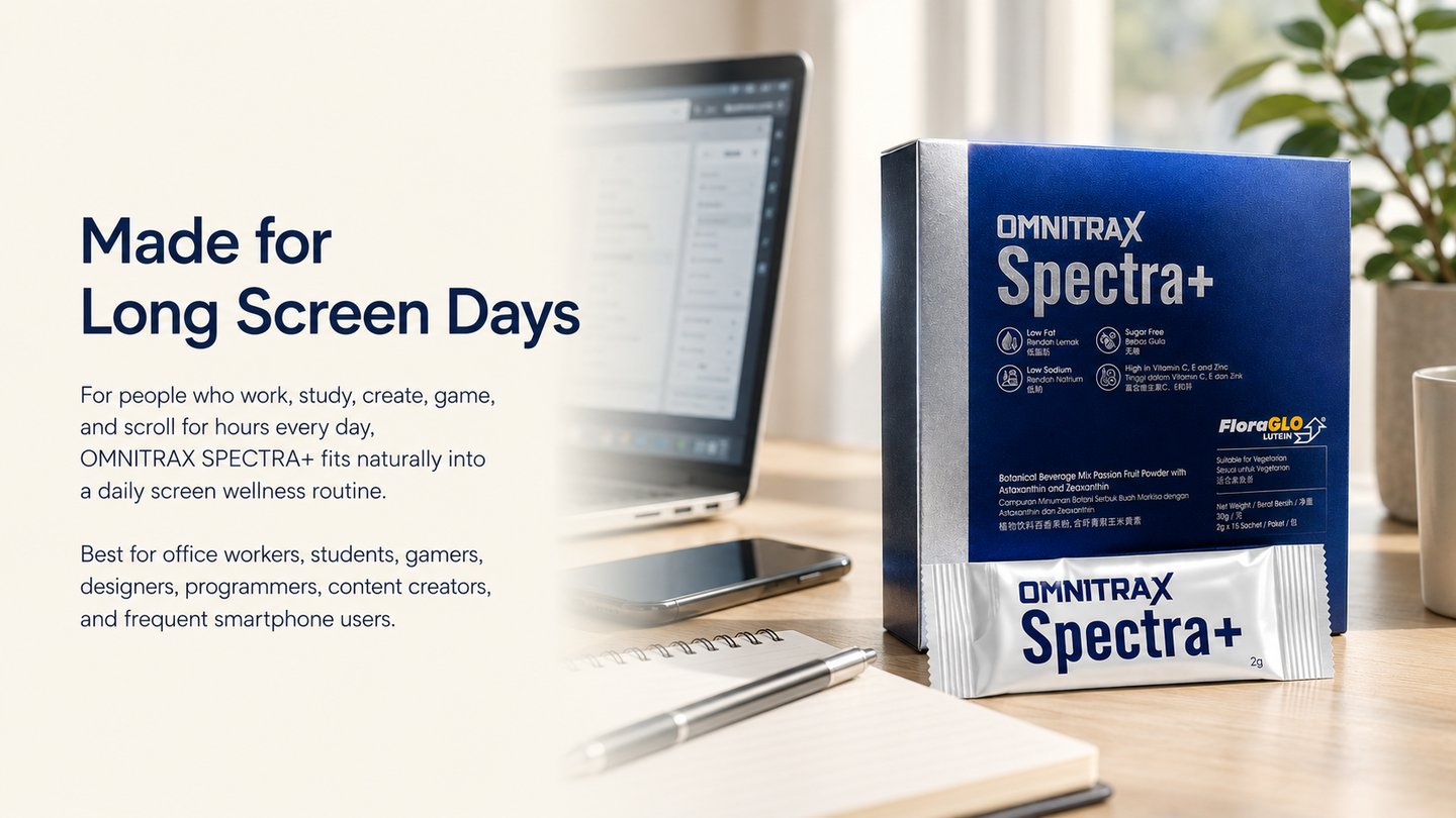Omnitrax Spectra+ eye health supplement box on a desk next to a laptop for screen wellness.