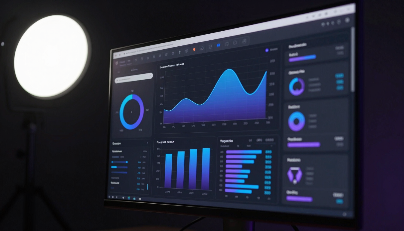 Extreme close-up angle of a dark-mode SaaS dashboard interface on a large monitor, cold studio strobe lighting from upper left, UI panels showing real-time data charts and system metrics in electric blue and violet, deep near-black background, no people, hardware-quality render