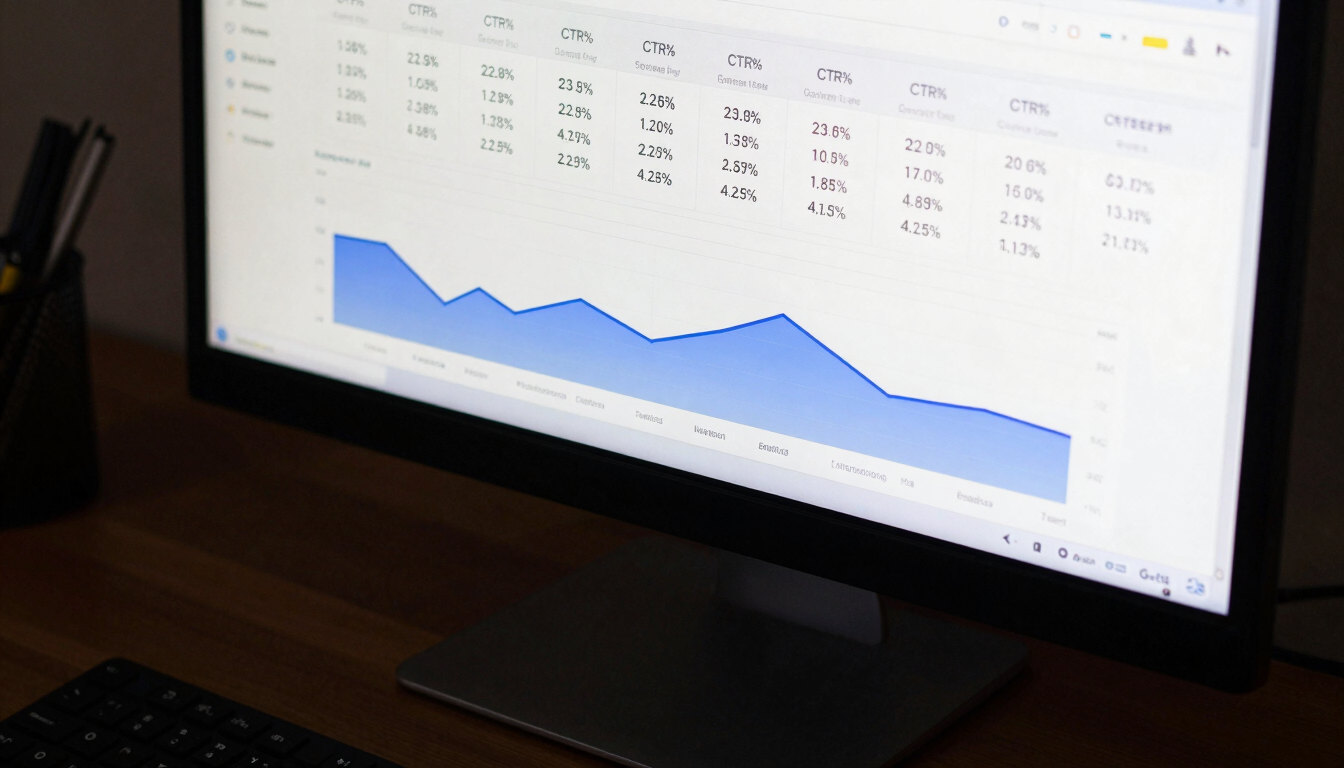 Close-up overhead view of a widescreen monitor displaying a Google Ads performance dashboard with real campaign metrics — CTR percentages, cost-per-click columns, and conversion graphs in blue and white — on a dark desk surface, even studio lighting, no people visible