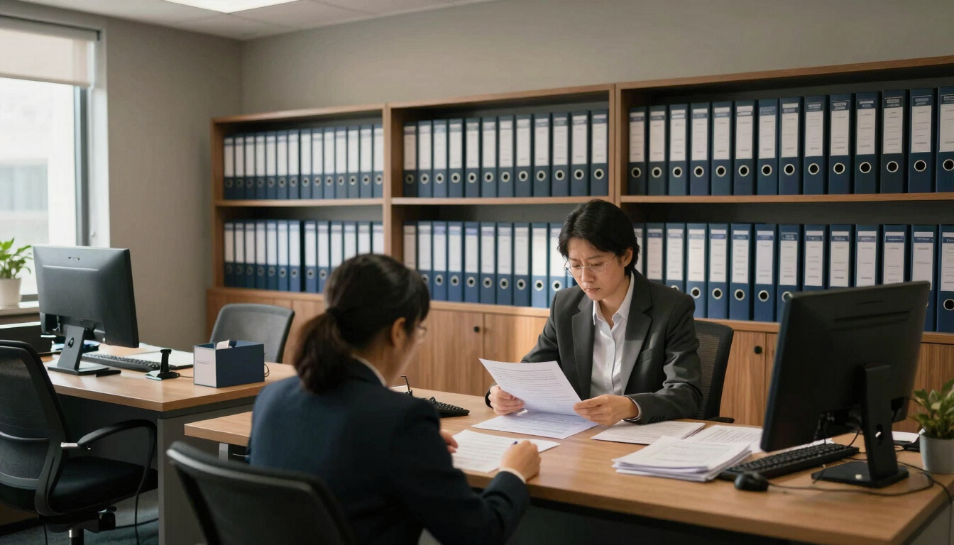 Wide environmental shot of a tidy insurance brokerage office, rows of organized policy binders on shelves along warm-grey walls, a consultant reviewing printed documents at a broad desk, natural window light from the left casting soft shadows across the workspace, quiet and purposeful atmosphere, no people facing camera